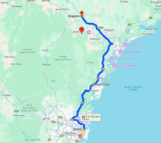 2 to 2.5 hours drive from Sydney